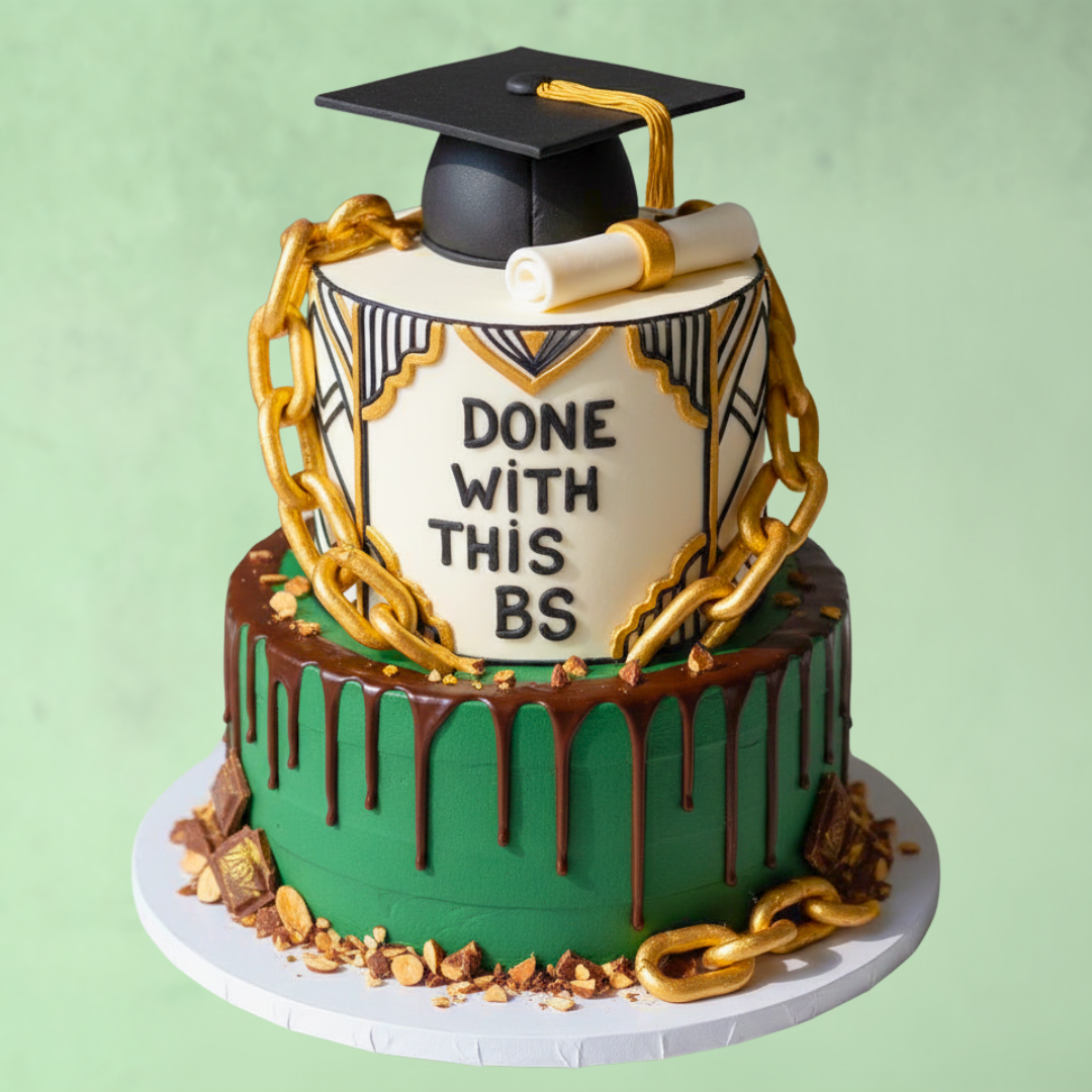 Graduation cake design with a fondant cap, diploma, gold chain, and green chocolate-drip tier