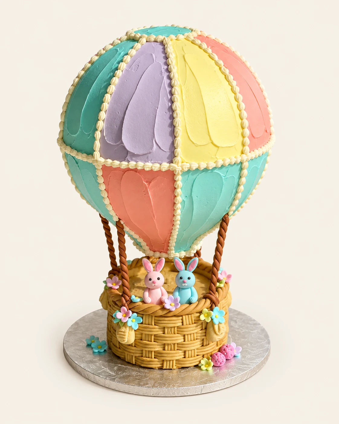 AI cake design inspiration shaped as a pastel hot-air balloon with two fondant bunnies